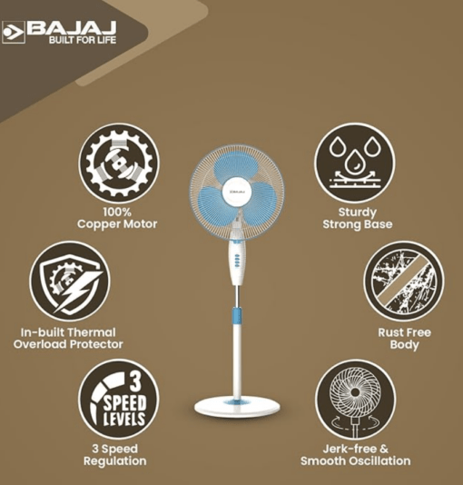 Bajaj Frore Neo 400 MM Oscillating Pedestal Fan for Home | Aerodynamically Balanced Blades | 100% CopperMotor | HighAir Delivery | 3-Speed Control | Rust Free | 2-Yr Warranty 【Blue】 - Image 4